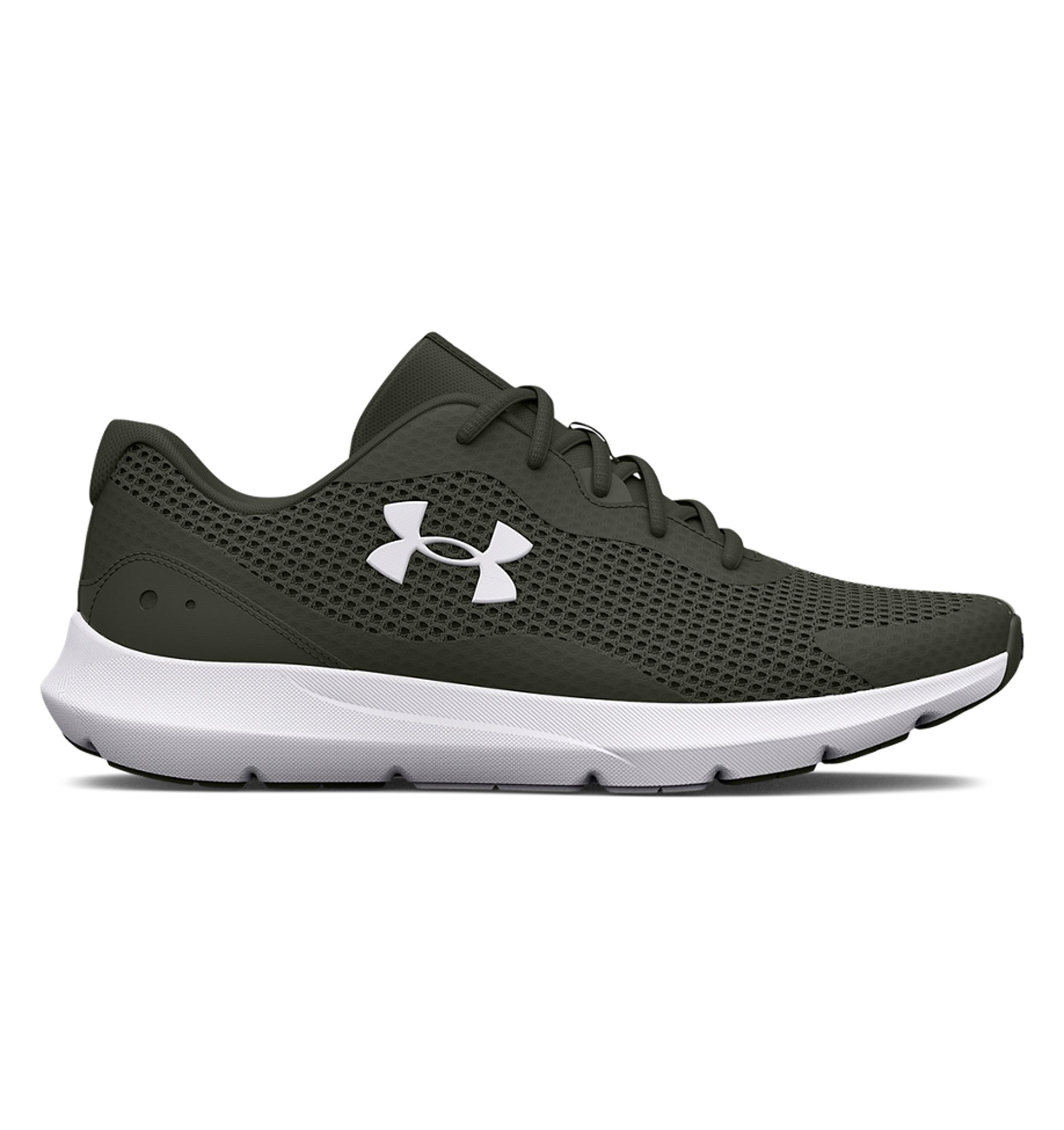 Under Armour UA Surge 3 Running Shoes in dark green with breathable mesh upper and cushioned ankle collar for comfort.